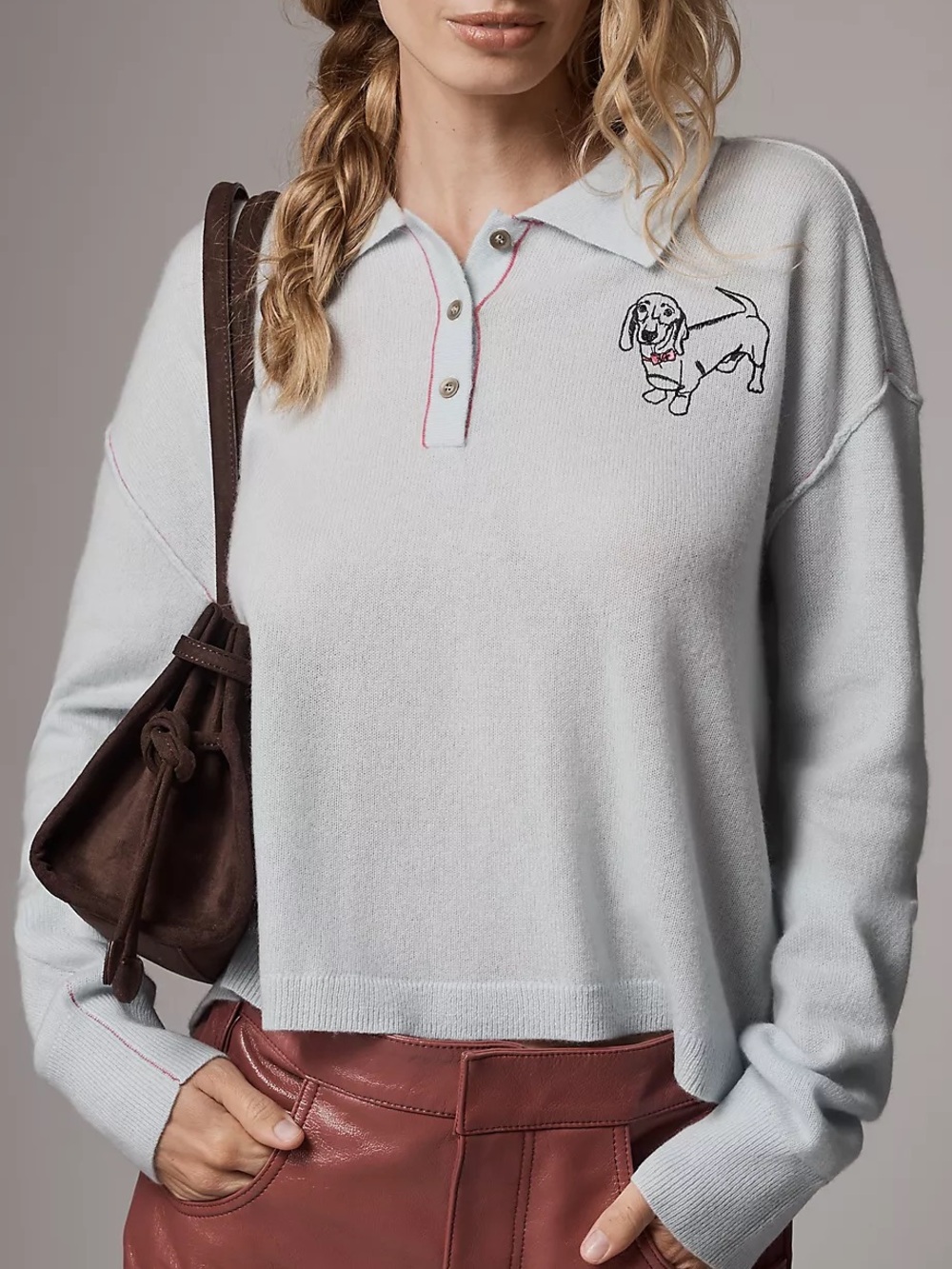 Cashmere Pilcro Anthropologie Jensen Crop Polo Dachshund Puppy Pullover Sweater